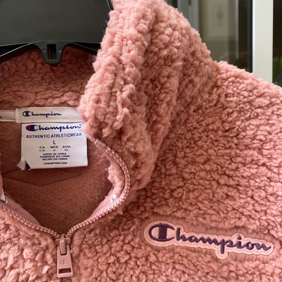Champion Women's Cozy High Pile Quarter Zip Embroidered Logo Pink Beige - Picture 5 of 6